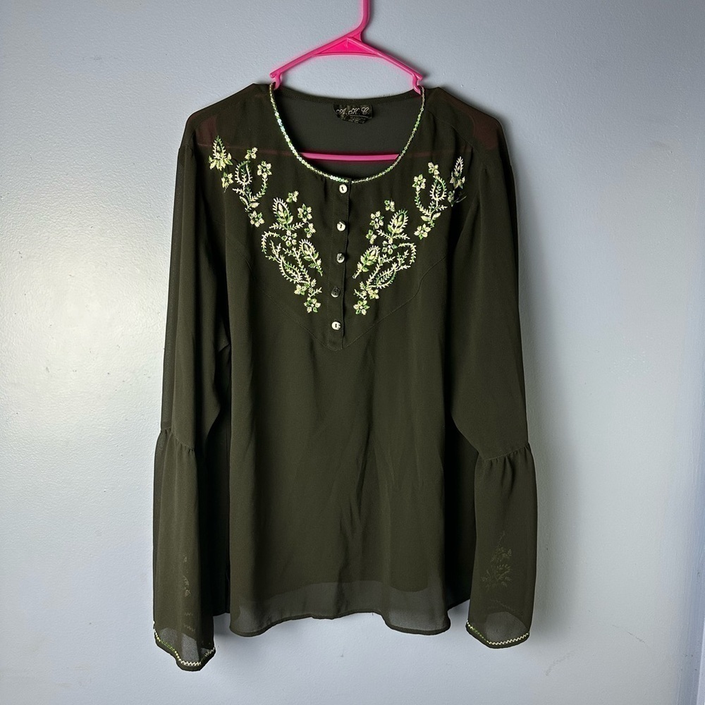 A.K.C Pioneer Woman Sheer Black Blouse with Green Embroidery with Bell Sleeves.